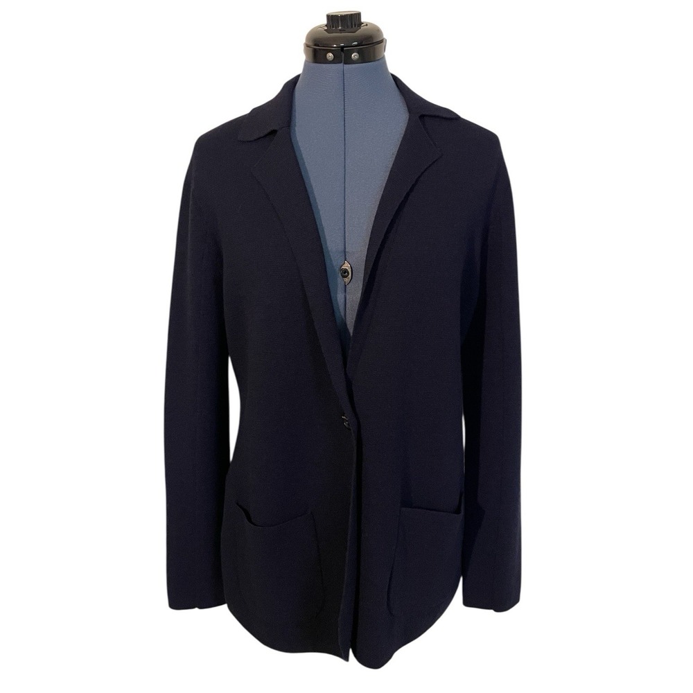 Eileen Fisher Blue Washable Merino Wool Notch Collar Knit Blazer Career Preppy M - Picture 4 of 11